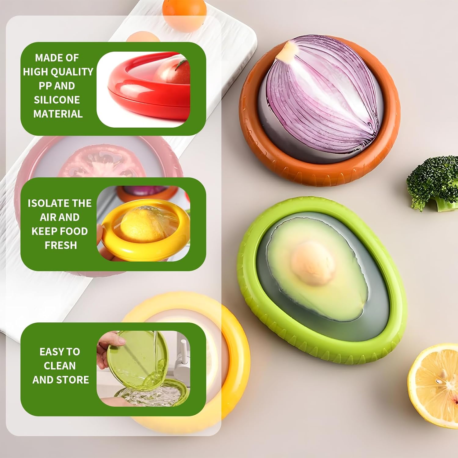 Silicone Fruit and Vegetable Storage Container Set - 4 Reusable Produce Savers for Refrigerator, Avocado Keeper, Onion, Tomato, and Lemon Holder, -Free Food Storage Lids
