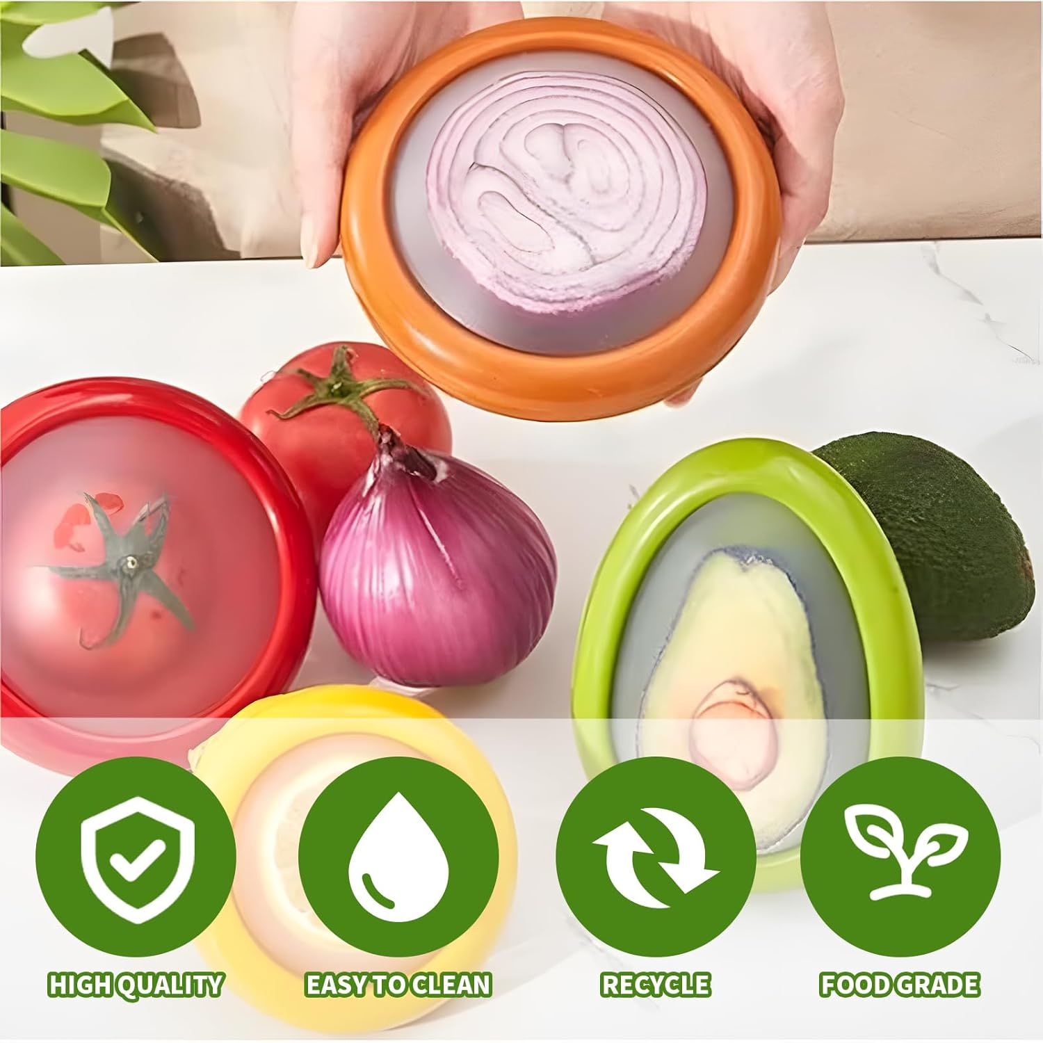 Silicone Fruit and Vegetable Storage Container Set - 4 Reusable Produce Savers for Refrigerator, Avocado Keeper, Onion, Tomato, and Lemon Holder, -Free Food Storage Lids