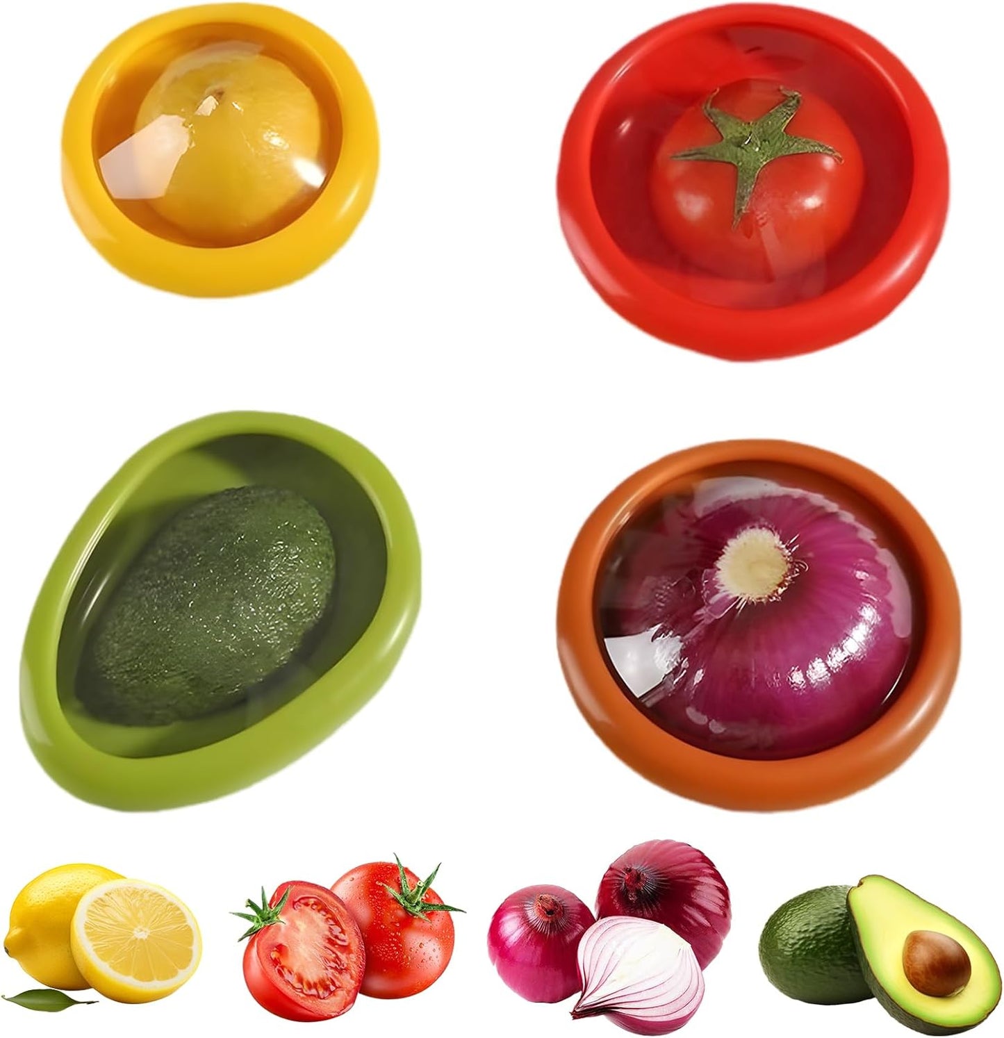 4PCS Silicone Reusable Fruit and Vegetable Storage Container Set -  for Refrigerator, Avocado Keeper, Onion, Tomato, and Lemon Holder, 