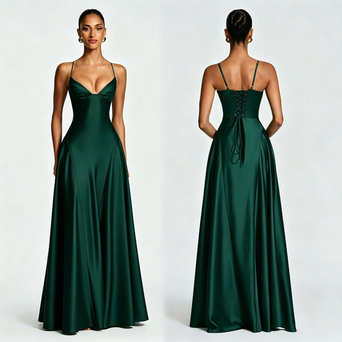 Women's Satin Strapless Deep V-Neck Evening Dress with Waist-Cinching Strap and Flare Skirt