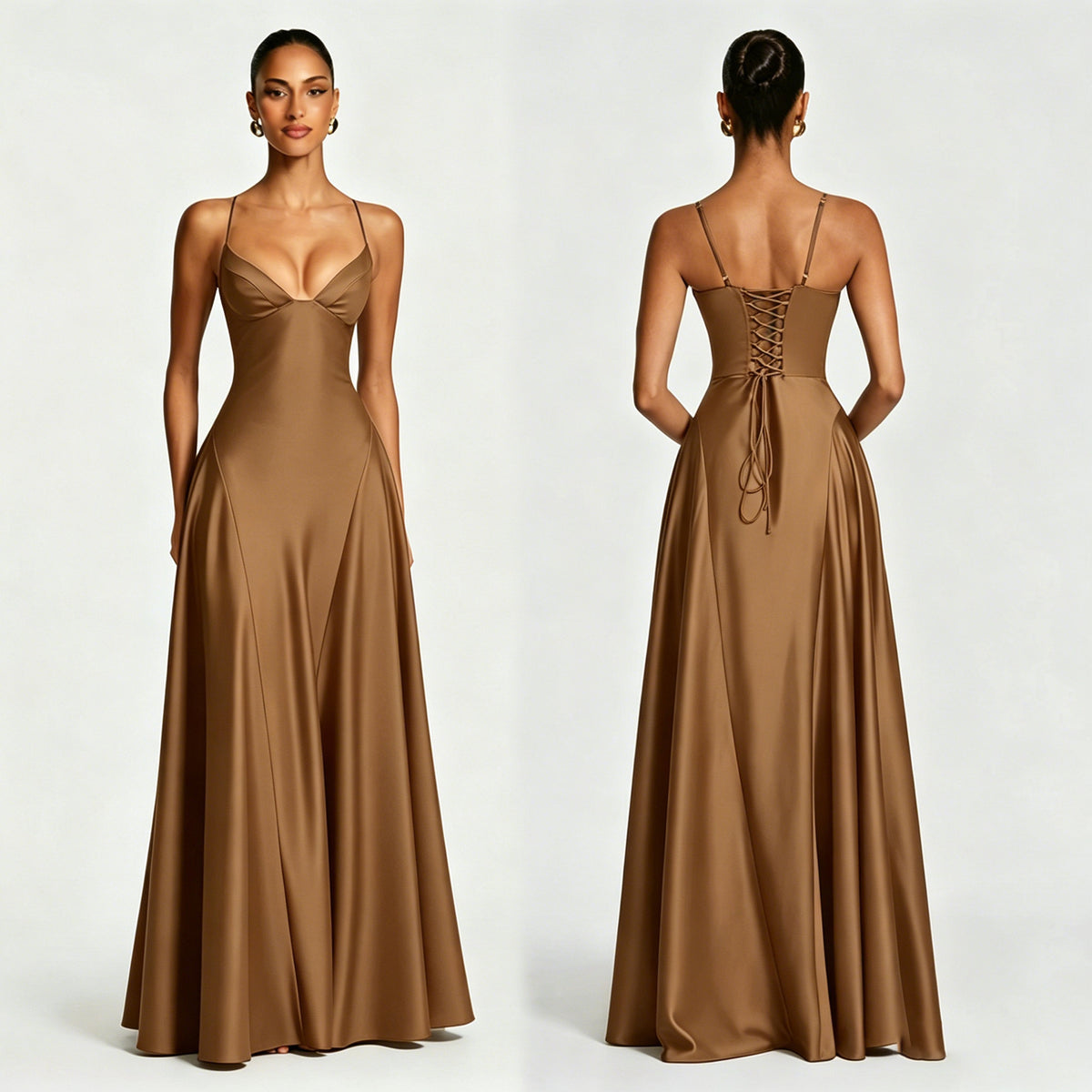 Women's Satin Strapless Deep V-Neck Evening Dress with Waist-Cinching Strap and Flare Skirt