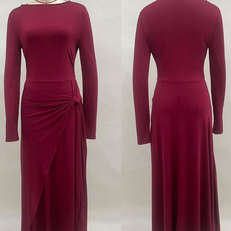 Women's Pure Color Knotted A-Line Long Sleeve Dress