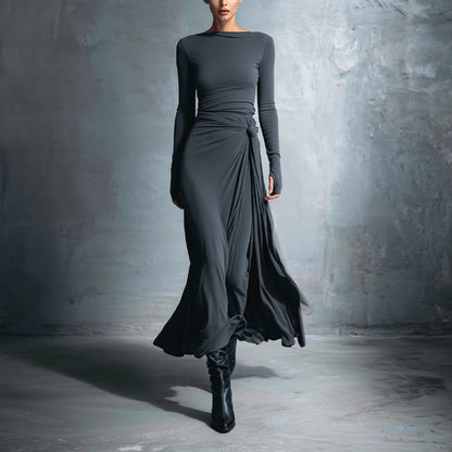 Women's Pure Color Knotted A-Line Long Sleeve Dress