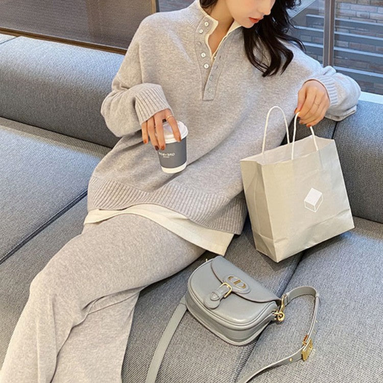 Long Sleeve Pullover Top and Wide-Leg Pants, Striped Casual Suit