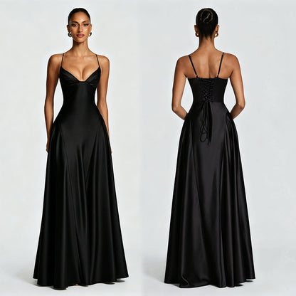 Women's Satin Strapless Deep V-Neck Evening Dress with Waist-Cinching Strap and Flare Skirt