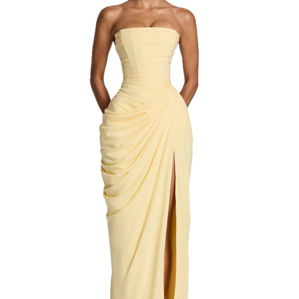 Women's Fashion Off-Shoulder Tube Top Solid Color Slit Fashionable Sexy Backless Evening Dress