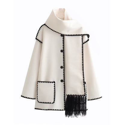 Women's Solid Color Scarf Collar Patchwork Loose Woolen Coat
