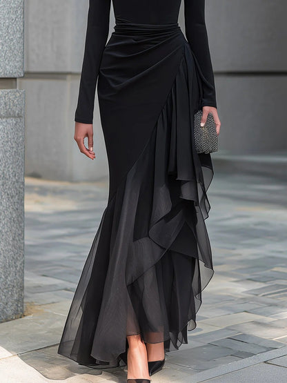 Heap Collar Long-Sleeved Dress Long Dress Tight Waist Pleated Mesh Ruffled Fishtail Elegant Dress
