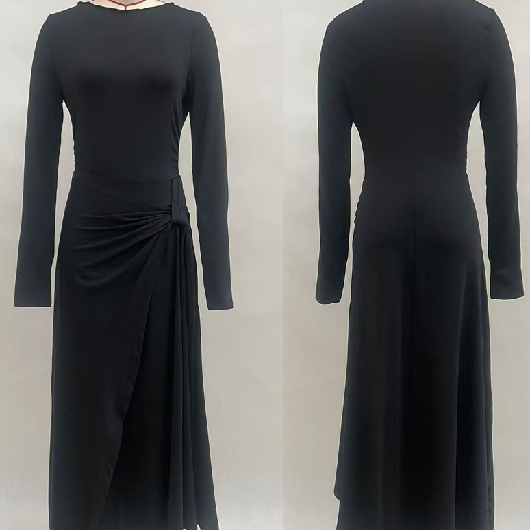Women's Pure Color Knotted A-Line Long Sleeve Dress