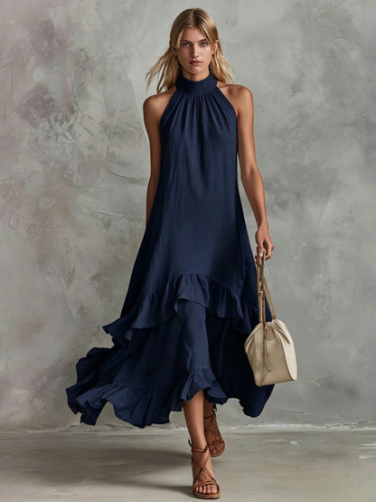 Women's Sleeveless Halter Ruffle Hem Mid-Length Summer Dress