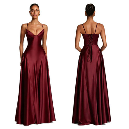 Women's Satin Strapless Deep V-Neck Evening Dress with Waist-Cinching Strap and Flare Skirt