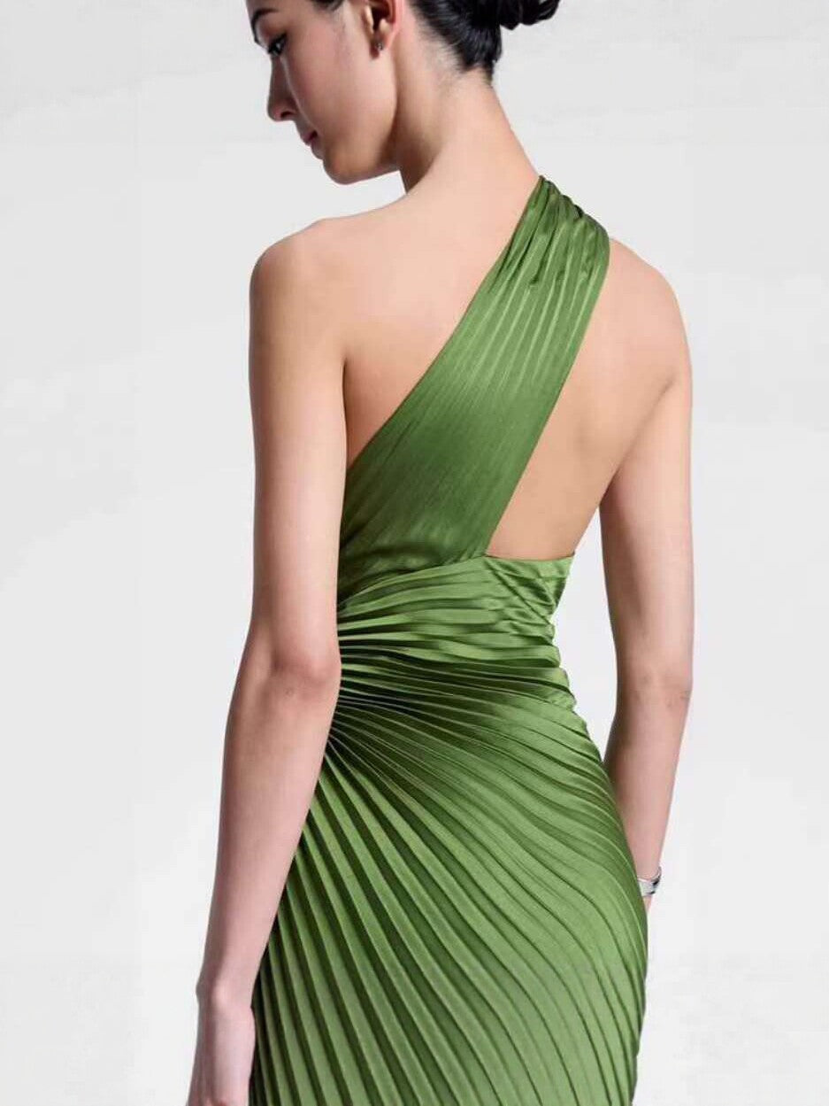 Women's Satin Halter Neck High-Waisted Pleated Long Dress