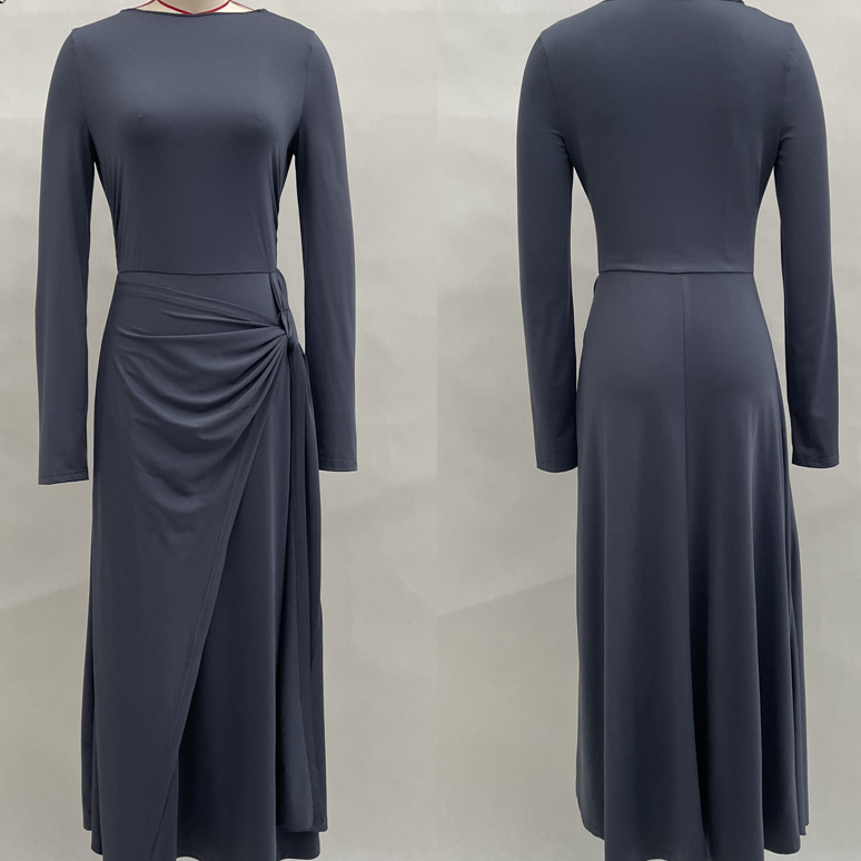Women's Pure Color Knotted A-Line Long Sleeve Dress