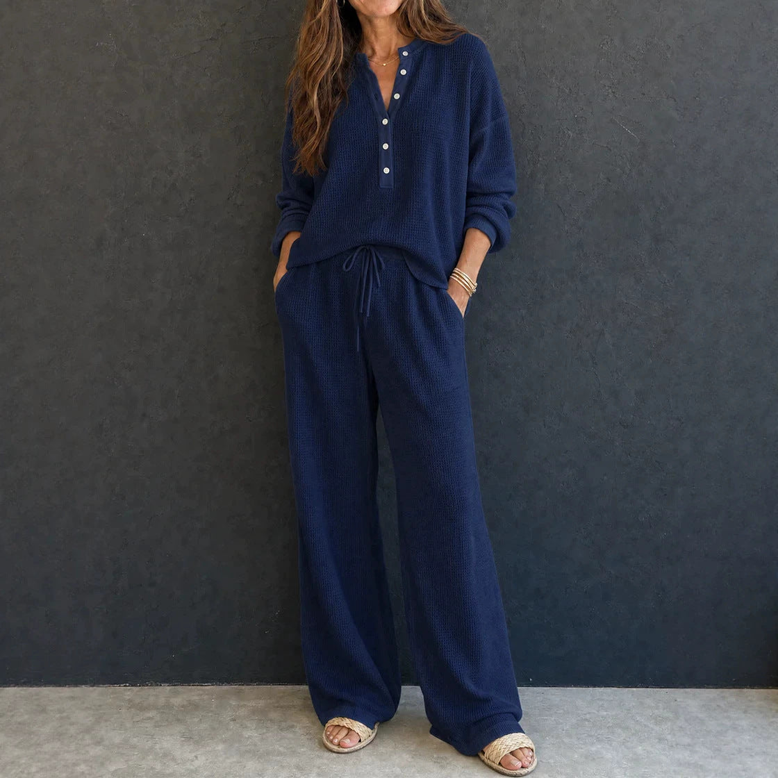 Women's Solid Color Knit Rib Top Straight Pants Set