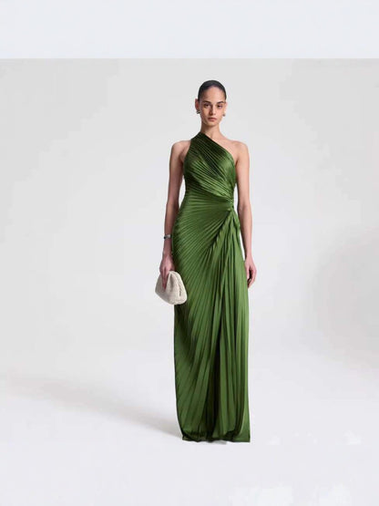 Women's Satin Halter Neck High-Waisted Pleated Long Dress