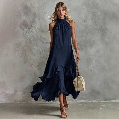 Women's Sleeveless Halter Ruffle Hem Mid-Length Summer Dress