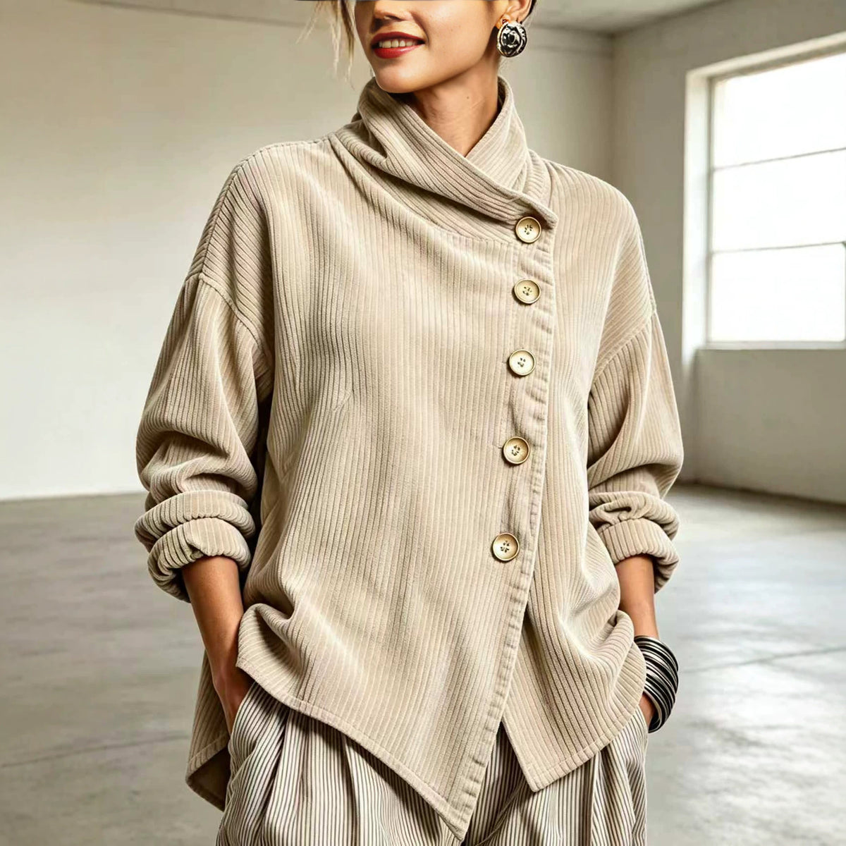 Women's Asymmetrical Off-Shoulder Fleece Lined Woven Jacket