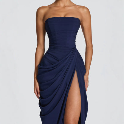 Women's Fashion Off-Shoulder Tube Top Solid Color Slit Fashionable Sexy Backless Evening Dress
