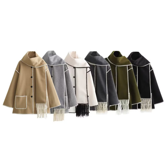 Women's Solid Color Scarf Collar Patchwork Loose Woolen Coat