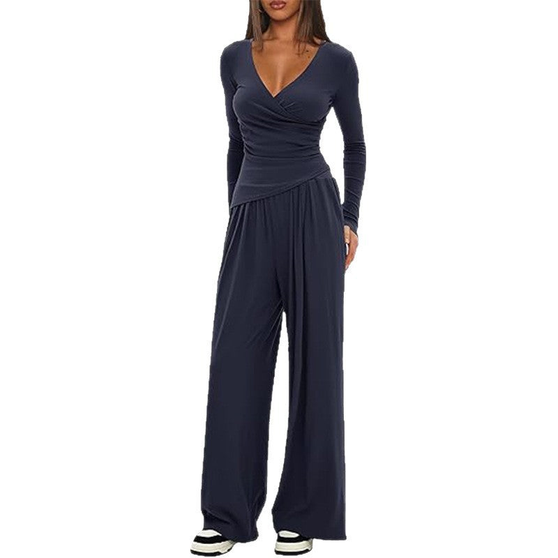 Women's Solid Color Knit V-Neck Long Sleeve Top and Wide Leg Pants Two-Piece Set