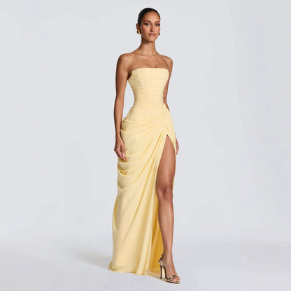 Women's Fashion Off-Shoulder Tube Top Solid Color Slit Fashionable Sexy Backless Evening Dress