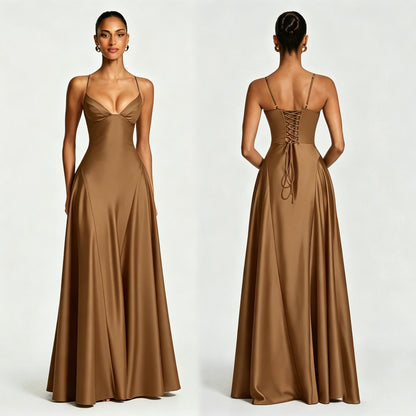 Women's Satin Strapless Deep V-Neck Evening Dress with Waist-Cinching Strap and Flare Skirt
