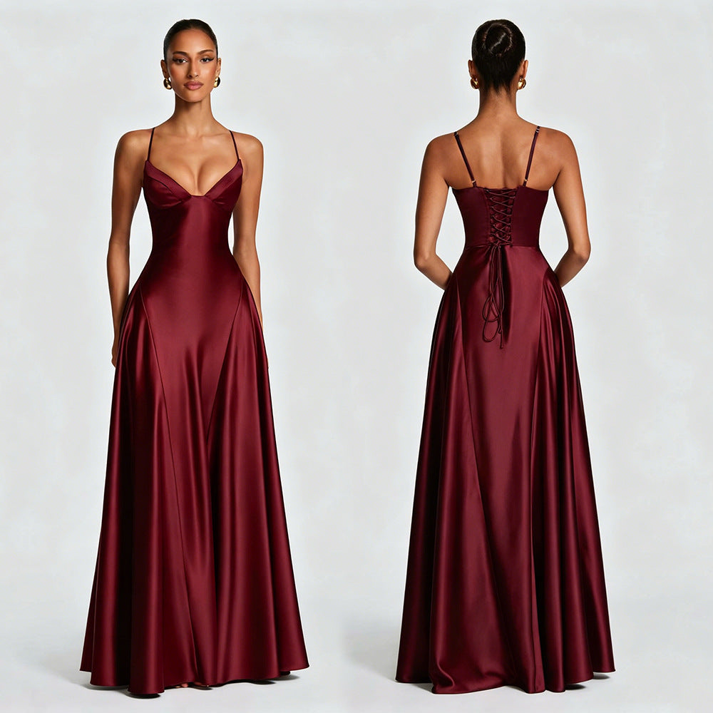 Women's Satin Strapless Deep V-Neck Evening Dress with Waist-Cinching Strap and Flare Skirt