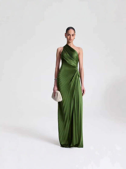 Women's Satin Halter Neck High-Waisted Pleated Long Dress