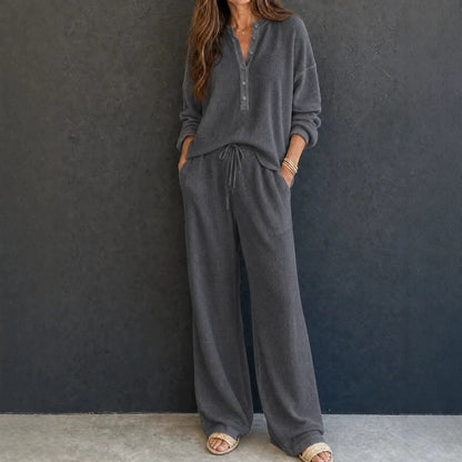 Women's Solid Color Knit Rib Top Straight Pants Set
