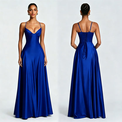 Women's Satin Strapless Deep V-Neck Evening Dress with Waist-Cinching Strap and Flare Skirt