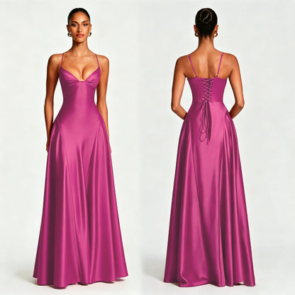 Women's Satin Strapless Deep V-Neck Evening Dress with Waist-Cinching Strap and Flare Skirt