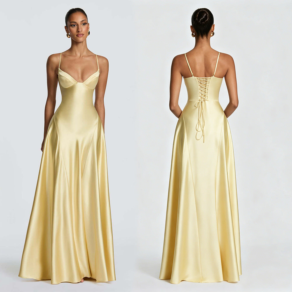 Women's Satin Strapless Deep V-Neck Evening Dress with Waist-Cinching Strap and Flare Skirt