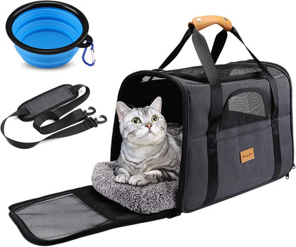 Cozy Pet Travel Tote for Cats & Small Dogs – Lightweight Foldable Pet Travel Crate with Comfortable Cushion, Carry Handle, Travel Dish & Flight-Ready Design