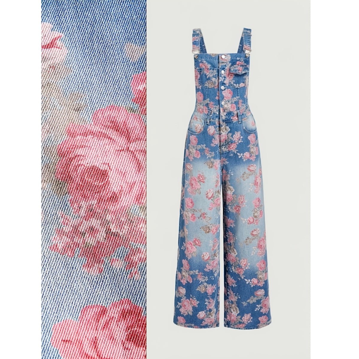 Retro floral print denim work pants
