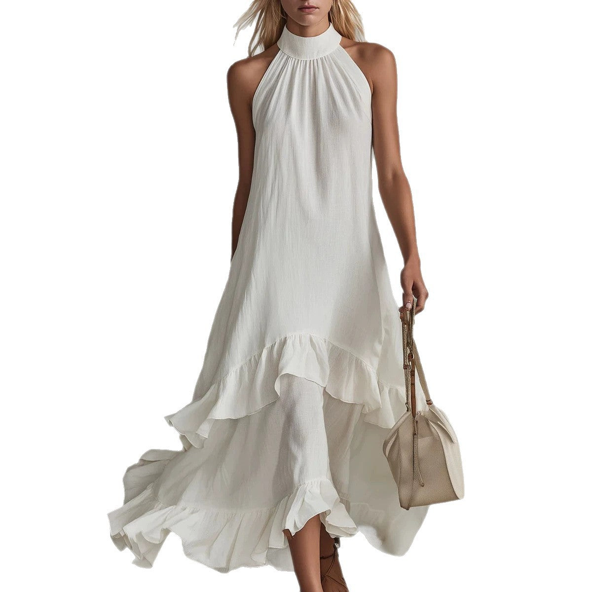 Women's Sleeveless Halter Ruffle Hem Mid-Length Summer Dress