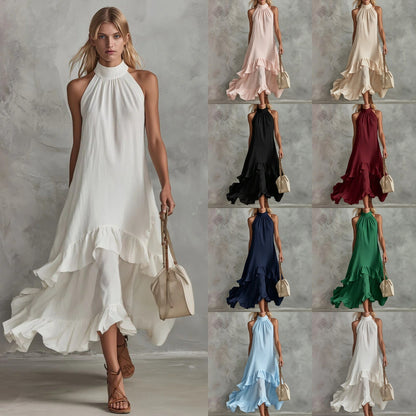 Women's Sleeveless Halter Ruffle Hem Mid-Length Summer Dress