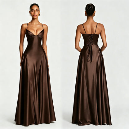 Women's Satin Strapless Deep V-Neck Evening Dress with Waist-Cinching Strap and Flare Skirt