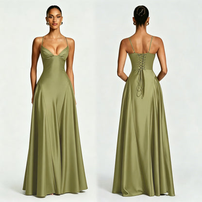 Women's Satin Strapless Deep V-Neck Evening Dress with Waist-Cinching Strap and Flare Skirt