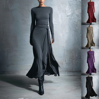 Women's Pure Color Knotted A-Line Long Sleeve Dress