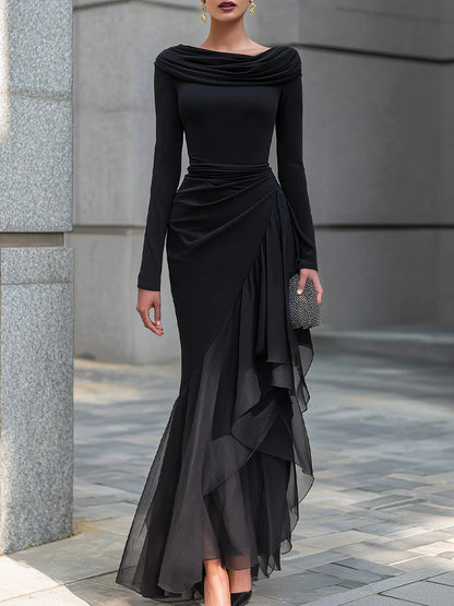 Heap Collar Long-Sleeved Dress Long Dress Tight Waist Pleated Mesh Ruffled Fishtail Elegant Dress