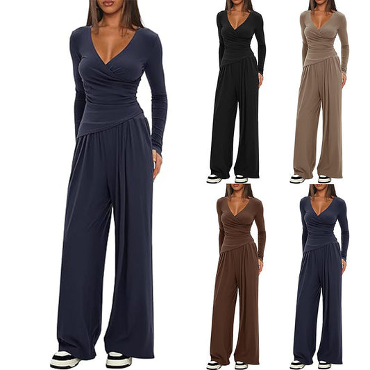 Women's Solid Color Knit V-Neck Long Sleeve Top and Wide Leg Pants Two-Piece Set