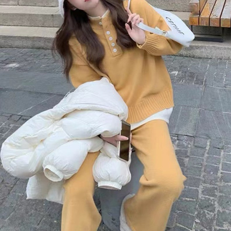 Long Sleeve Pullover Top and Wide-Leg Pants, Striped Casual Suit
