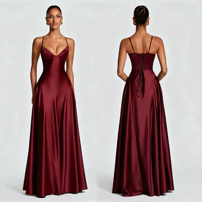 Women's Satin Strapless Deep V-Neck Evening Dress with Waist-Cinching Strap and Flare Skirt