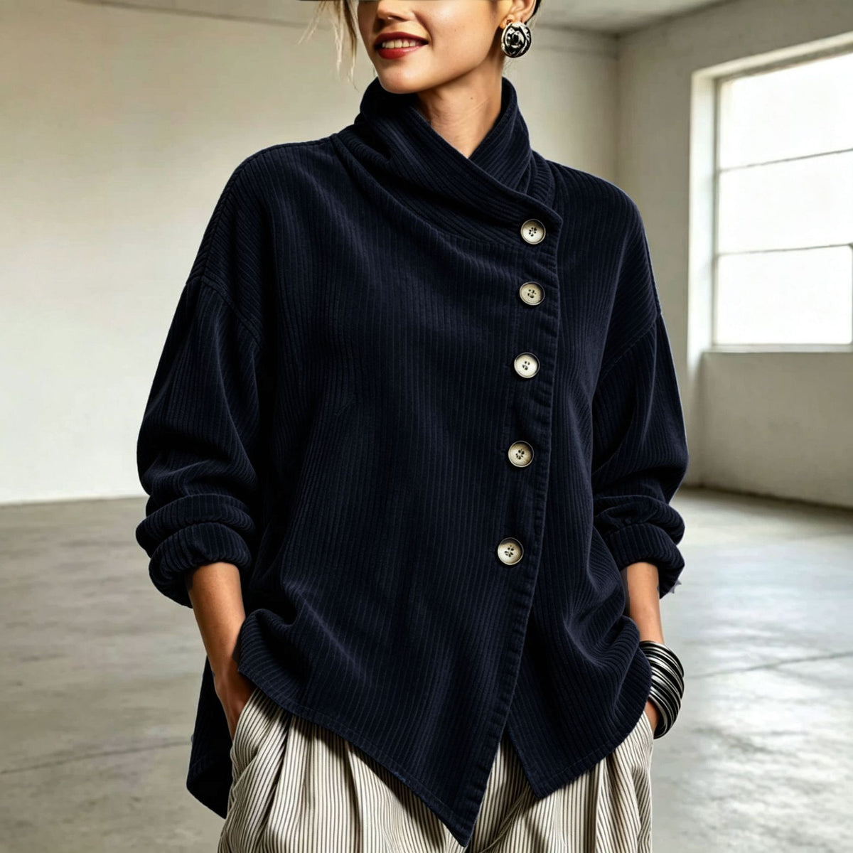 Women's Asymmetrical Off-Shoulder Fleece Lined Woven Jacket