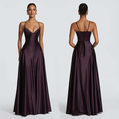 Women's Satin Strapless Deep V-Neck Evening Dress with Waist-Cinching Strap and Flare Skirt