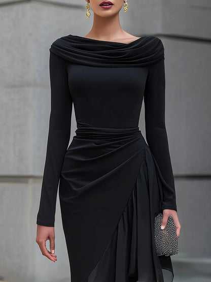 Heap Collar Long-Sleeved Dress Long Dress Tight Waist Pleated Mesh Ruffled Fishtail Elegant Dress
