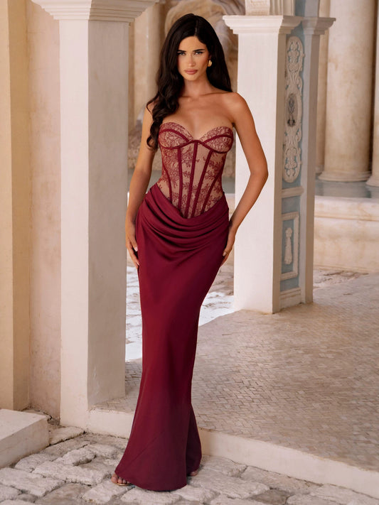 Women's Strapless Mermaid Maxi Dress with Corset and Pleats