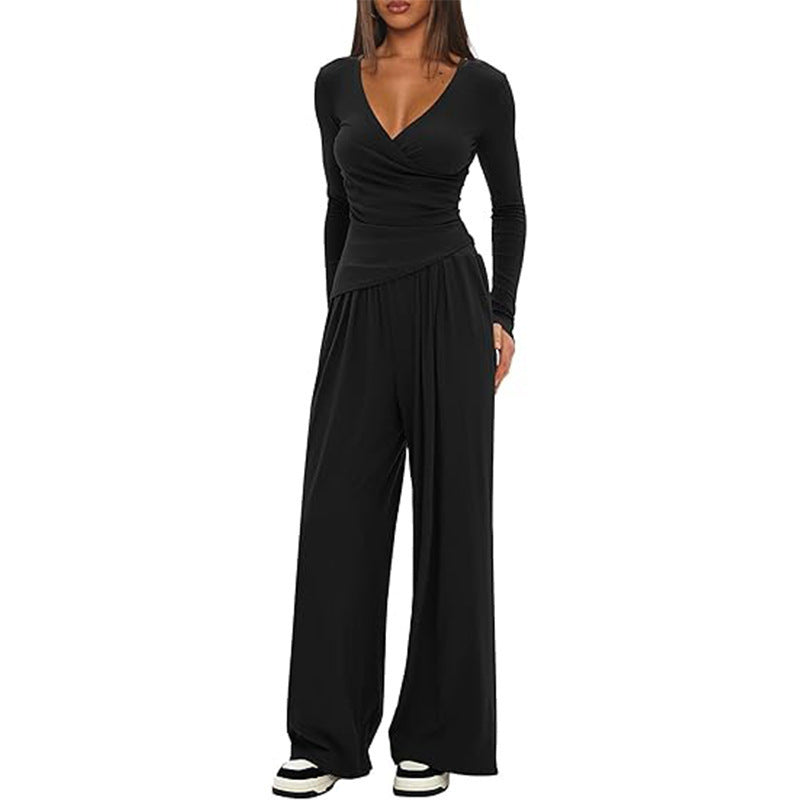 Women's Solid Color Knit V-Neck Long Sleeve Top and Wide Leg Pants Two-Piece Set