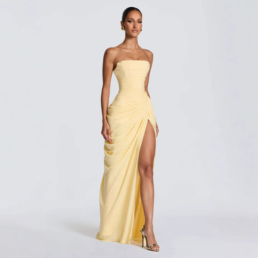 Women's Fashion Off-Shoulder Tube Top Solid Color Slit Fashionable Sexy Backless Evening Dress
